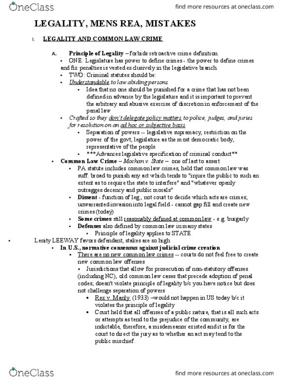 LAW 140 Chapter Notes - Chapter Crim  - Legality, Mens Rea, Mistakes: Prison Officer, Endangerment, Institute For Operations Research And The Management Sciences thumbnail