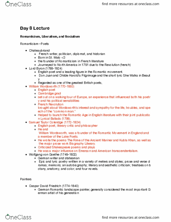 HIST 2403 Lecture Notes - Lecture 8: Ludwig Van Beethoven, Caspar David Friedrich, Samuel Taylor Coleridge thumbnail