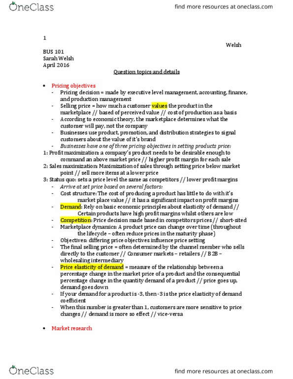 BUS-101 Lecture Notes - Lecture 37: Profit Margin, Profit Maximization, Marketing Effectiveness thumbnail