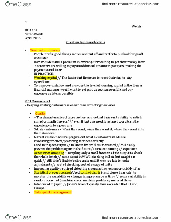 BUS-101 Lecture Notes - Lecture 42: Working Capital, Cash Flow, Acceptance Sampling thumbnail