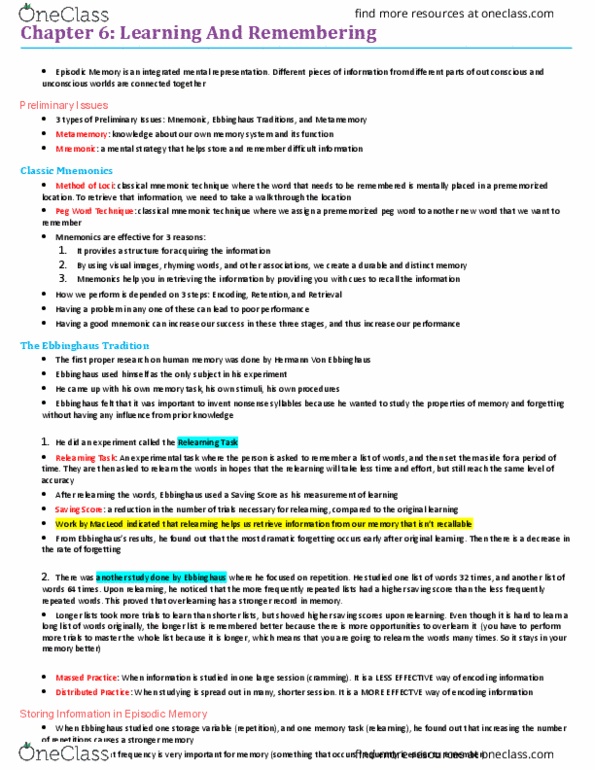 PSY270H5 Chapter Notes - Chapter 6: Von Restorff Effect, Memory Rehearsal, Mnemonic thumbnail