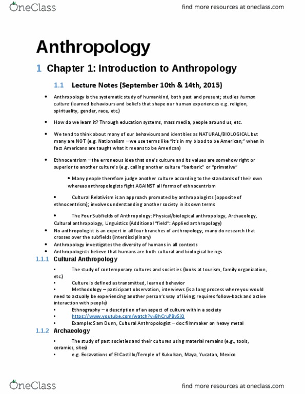 ANTHROP 1AA3 Lecture Notes - Lecture 1: Cultural Anthropology, Applied Anthropology, Biological Anthropology thumbnail