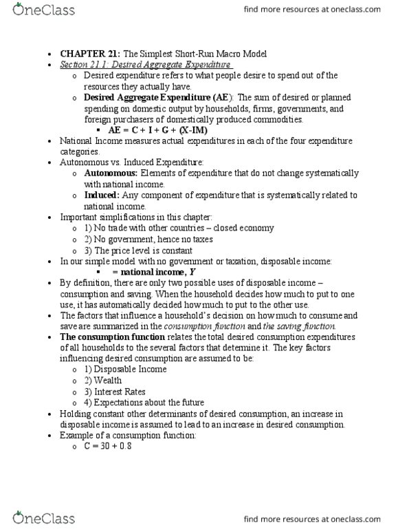 ECON 209 Chapter Notes - Chapter 21: Disposable And Discretionary Income, Consumption Function, Autonomous Consumption thumbnail