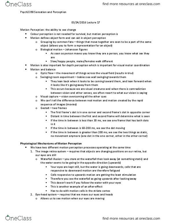 PSYC 2390 Lecture Notes - Lecture 17: Optical Illusion, Superior Colliculus, Depth Perception thumbnail