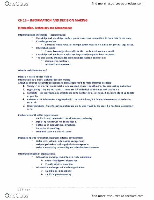 GMS 200 Chapter Notes - Chapter 13: Management Information System, Customer Relationship Management, Crisis Management thumbnail