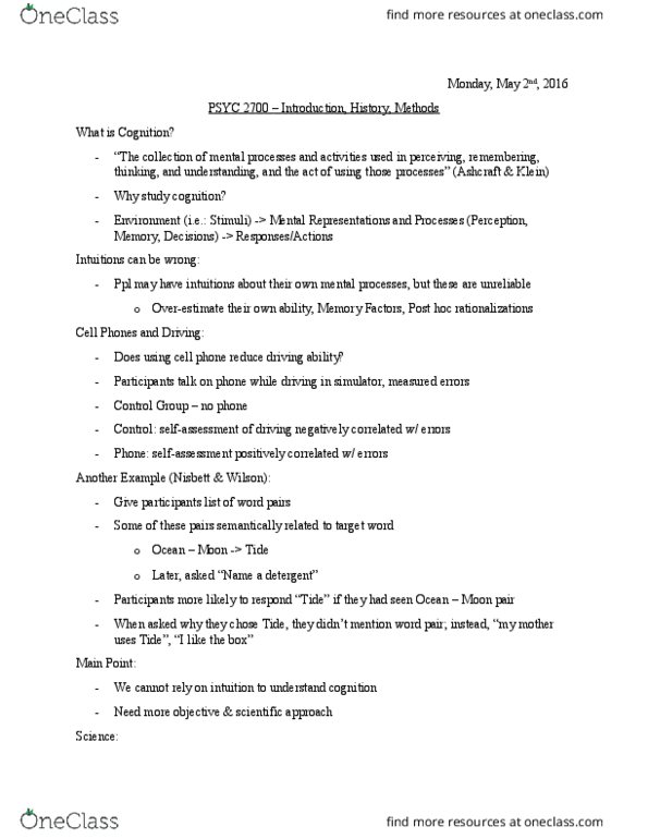 PSYC 2700 Lecture Notes - Lecture 1: Edward B. Titchener, Operant Conditioning Chamber, Classical Conditioning thumbnail
