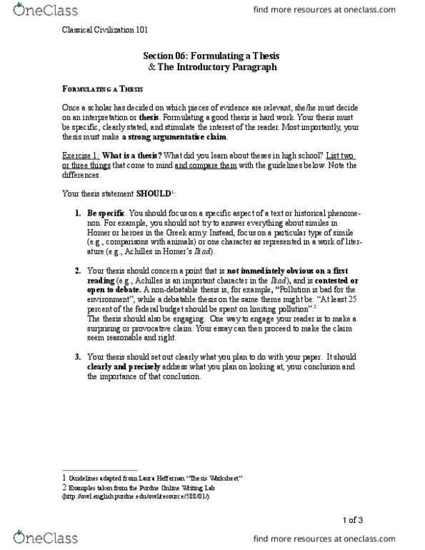 CLCIV 101 Lecture Notes - Lecture 6: Online Writing Lab, Thesis Statement, Mercutio thumbnail
