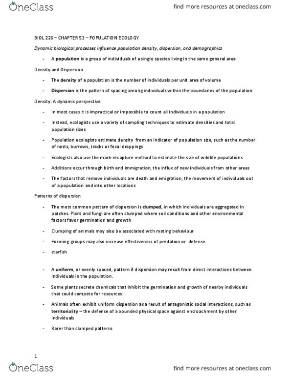 BIOL 226 Chapter Notes - Chapter 53: Zero Population Growth, Logistic Function, Exponential Growth thumbnail