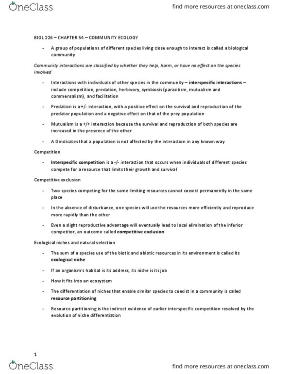 BIOL 226 Chapter Notes - Chapter 54: Keystone Species, Interspecific Competition, Camouflage thumbnail