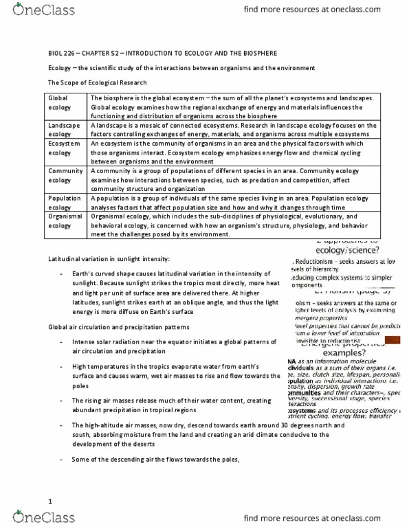 BIOL 226 Chapter Notes - Chapter 52: Ecosystem Ecology, 30Th Parallel North, Landscape Ecology thumbnail