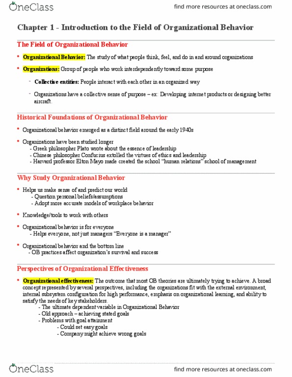 MHR 405 Chapter Notes - Chapter 1: Elton Mayo, Organizational Learning, Organizational Behavior thumbnail