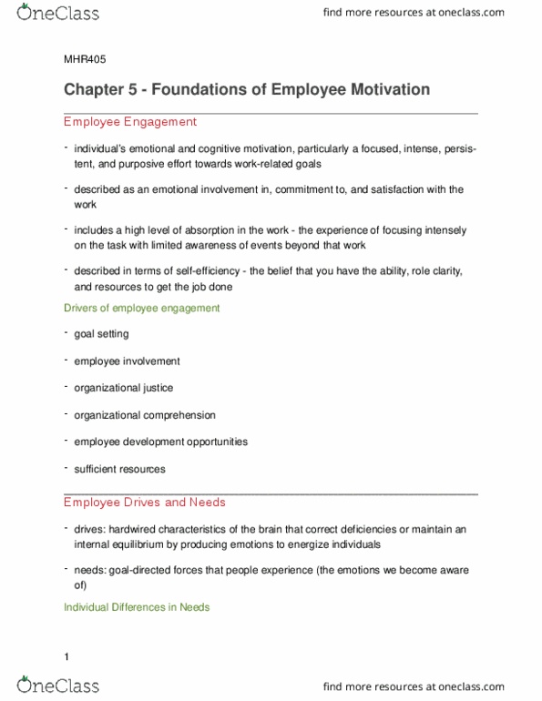 MHR 405 Chapter Notes - Chapter 5: Expectancy Theory, Social Cognitive Theory, Employee Engagement thumbnail