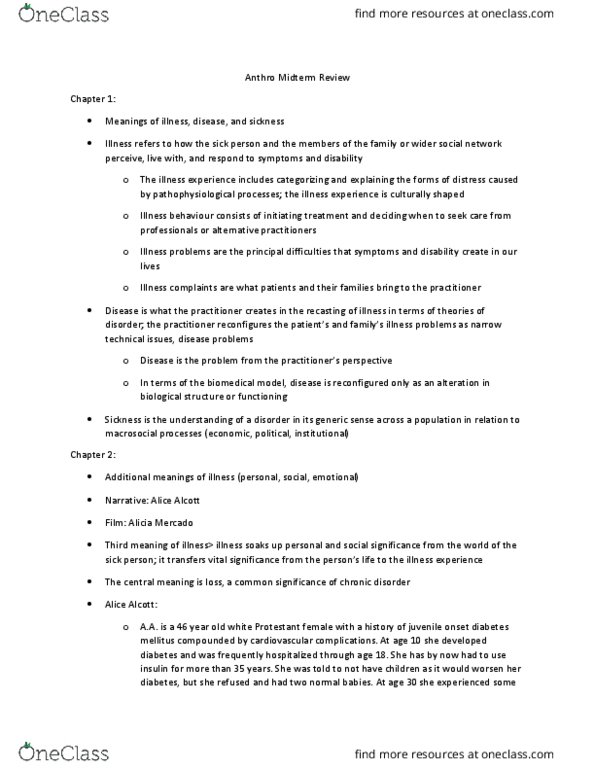 ANTHROP 3HI3 Chapter Notes - Chapter 1-5, 7, 8, 10, 11, 14 & 15 : Chronic Pain, Diabetic Retinopathy, Narrative thumbnail