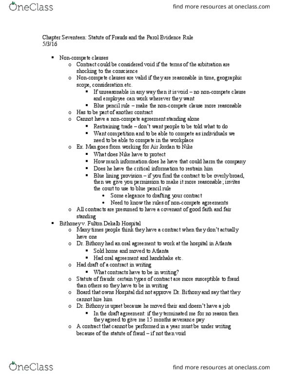BSLW1021 Lecture Notes - Lecture 20: Non-Compete Clause, Parol Evidence Rule, Oral Contract thumbnail