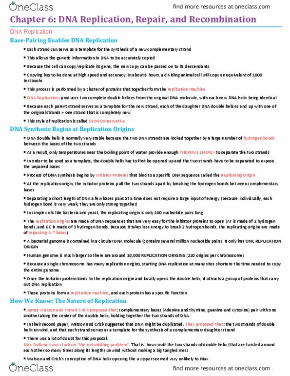 BIO206H5 Chapter Notes - Chapter 6: Dna Polymerase I, Dna Polymerase Iii Holoenzyme, Dna Replication thumbnail