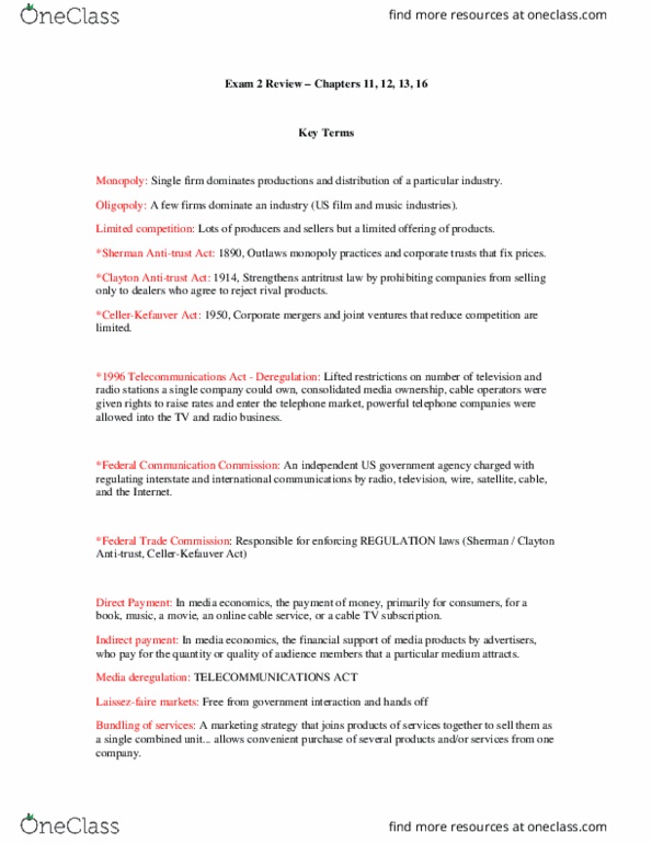 COM 107 Lecture Notes - Lecture 8: Clayton Antitrust Act, Sherman Antitrust Act, Telecommunications Act Of 1996 thumbnail