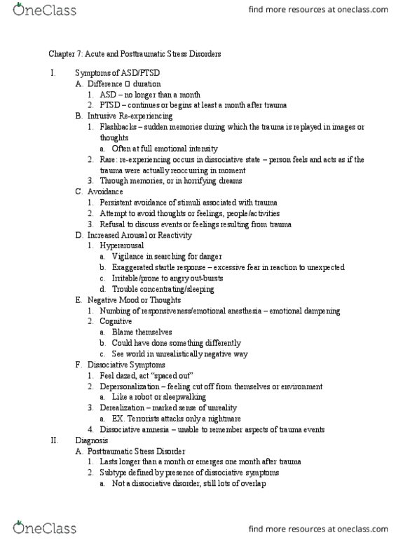 PSYCH 133B Chapter Notes - Chapter 7: Acute Stress Reaction, Psychogenic Amnesia, Dissociative Disorder thumbnail