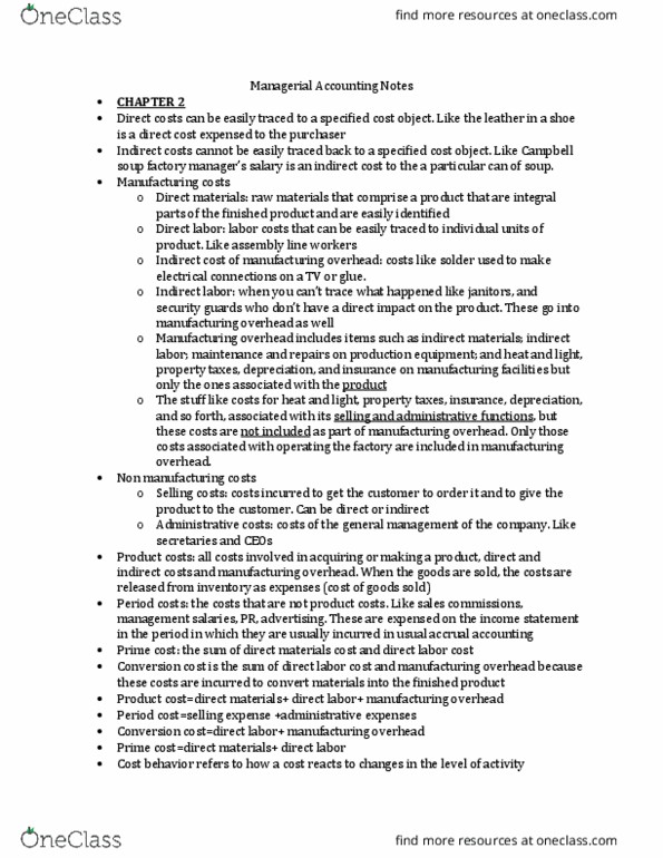 ACCT 2123 Lecture Notes - Lecture 2: Direct Labor Cost, Indirect Costs, Operations Management thumbnail