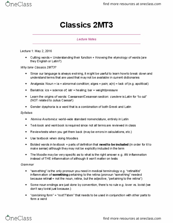 CLASSICS 2MT3 Lecture Notes - Lecture 1: Nomina Anatomica, Gender Dysphoria, Bariatrics thumbnail