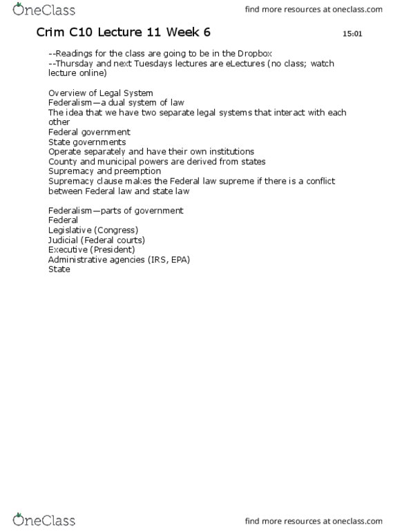 CRM/LAW C10 Lecture Notes - Lecture 11: Supremacy Clause, Law, Civil Procedure thumbnail