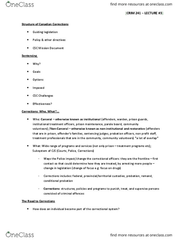 CRIM 241 Lecture Notes - Lecture 3: Conditional Sentence, The Corrections, Suspended Sentence thumbnail