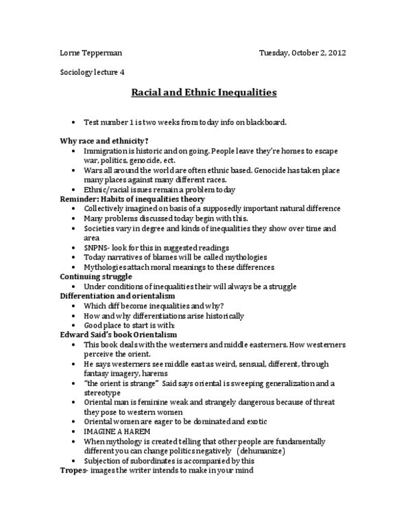 SOC102H1 Lecture Notes - Lecture 4: Dutch Canadians, Sexual Fantasy, Racialization thumbnail