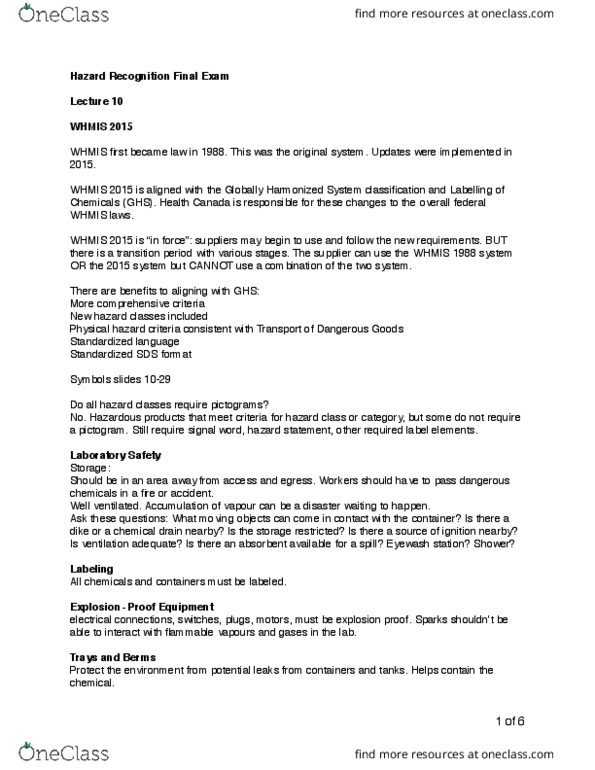 OHS 608 Lecture Notes - Lecture 10: Fume Hood, Material Flow Analysis, Dangerous Goods thumbnail