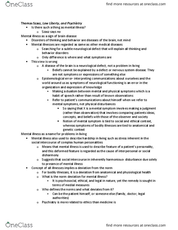 SOCI 136F Chapter Notes - Chapter 7: Thomas Szasz, Involuntary Commitment, Jargon thumbnail