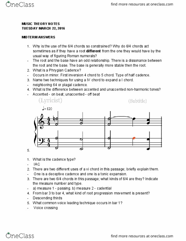 MUS 160 Lecture Notes - Lecture 8: Voice Leading thumbnail