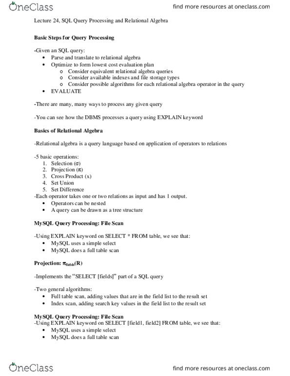 CISC437 Lecture Notes - Lecture 24: Relational Algebra, Mysql, Query Language thumbnail