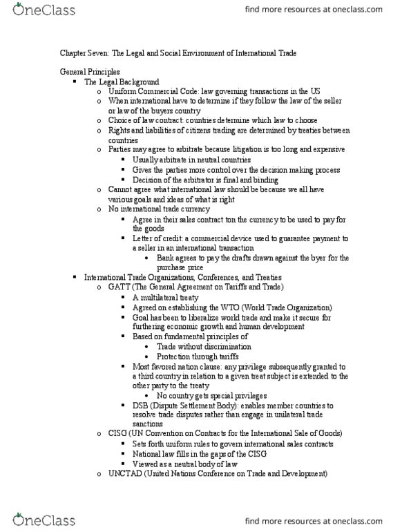 BSLW1021 Chapter Notes - Chapter 7: North American Free Trade Agreement, Special Drawing Rights, Dispute Settlement Body thumbnail