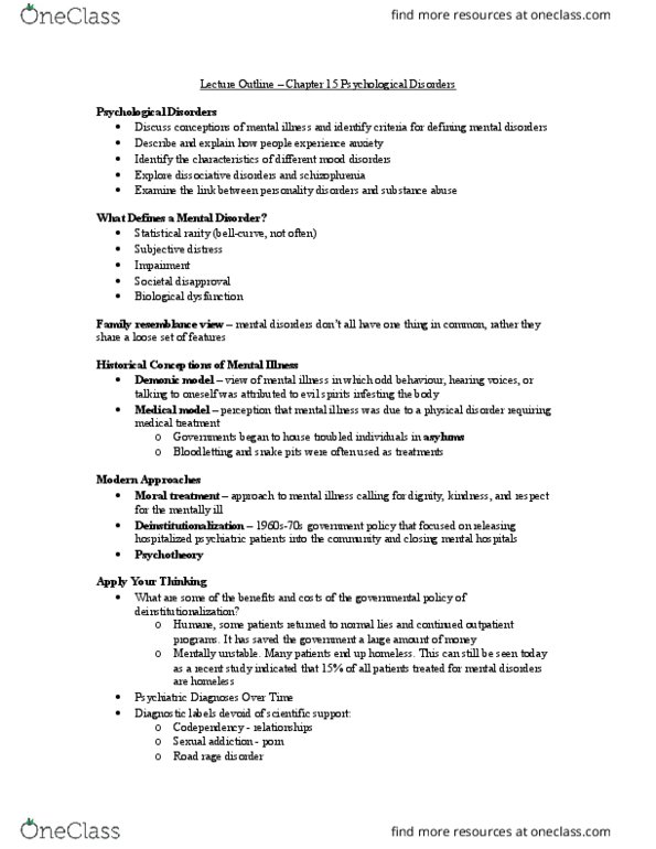 PSY 202 Lecture Notes - Lecture 15: Posttraumatic Stress Disorder, American Psychiatric Association, Generalized Anxiety Disorder thumbnail