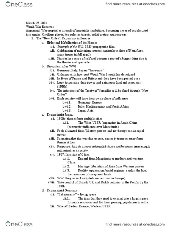 HIST 1088 Lecture Notes - Lecture 4: Tripartite Pact, Indian Legion, Lebensraum thumbnail