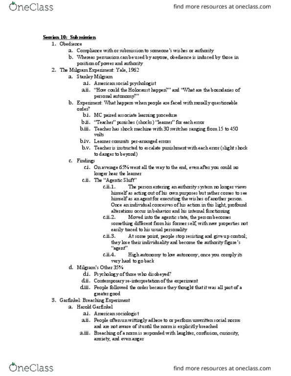 MGMT1021 Lecture Notes - Lecture 10: Milgram Experiment, Stanley Milgram, Samuel R. Delany thumbnail