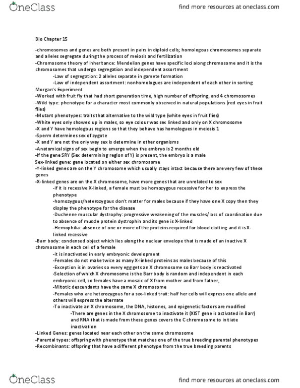 BIOL 102 Chapter Notes - Chapter 15: Homologous Chromosome, Xist (Gene), Barr Body thumbnail