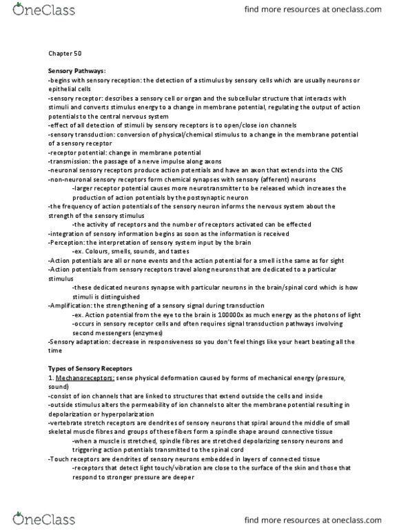 BIOL 103 Chapter Notes - Chapter 50: Semicircular Canals, Oval Window, Sensory Neuron thumbnail