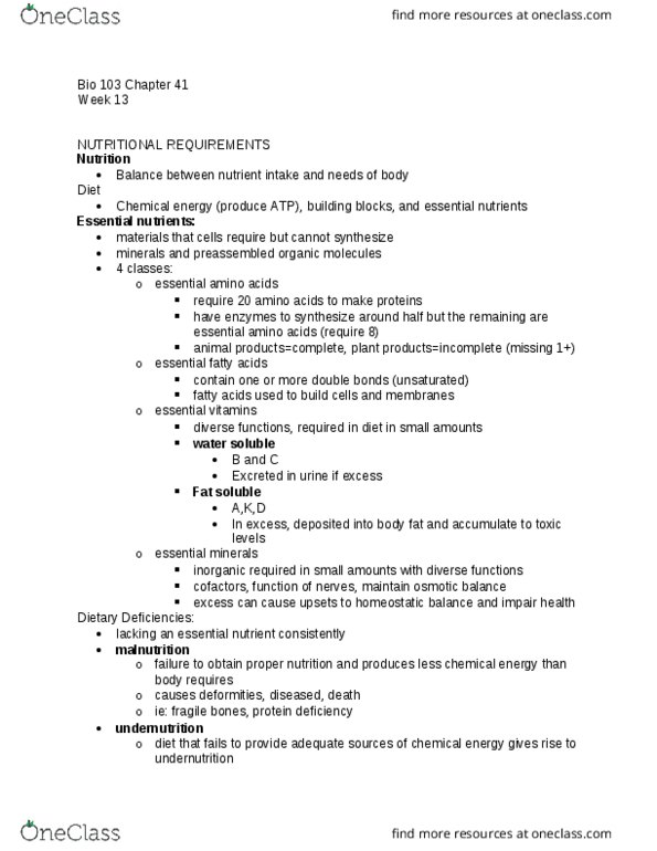 BIOL 103 Chapter Notes - Chapter 41: Gastrovascular Cavity, Mouth, Nutrient thumbnail