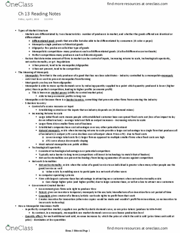 ECON 101 Chapter Notes - Chapter 13: Natural Monopoly, Perfect Competition, Demand Curve thumbnail