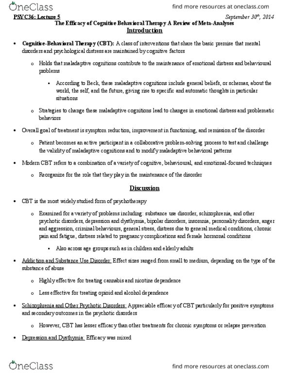 PSYC36H3 Chapter Notes - Chapter 5: Cognitive Behavioral Therapy, Complications Of Pregnancy, Dysthymia thumbnail