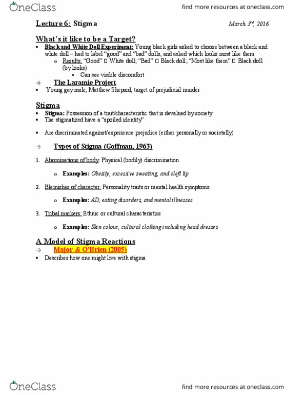PSYC12H3 Lecture Notes - Lecture 6: Black Doll, Matthew Shepard, Cleft Lip And Cleft Palate thumbnail