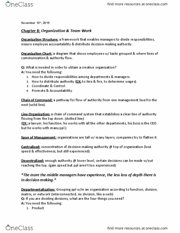 BUS 150 Chapter Notes - Chapter 8: Departmentalization, Flattening, Railways Act 1921 thumbnail