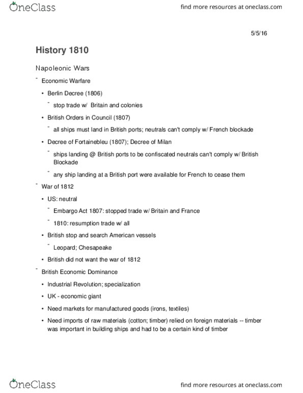 History 1810E Lecture Notes - Lecture 5: Berlin Decree, Embargo Act Of 1807, Mercantilism thumbnail
