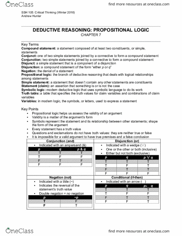 SSH 105 Chapter Notes - Chapter 7: Propositional Calculus, High-Altitude Pulmonary Edema, Mathematical Logic thumbnail