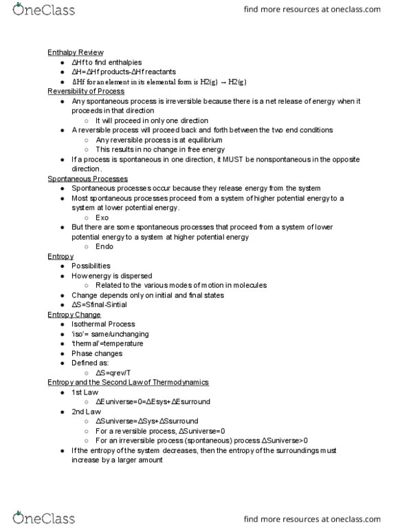 CHM 1046 Lecture Notes - Lecture 18: Spontaneous Process, Irreversible Process, Enthalpy thumbnail