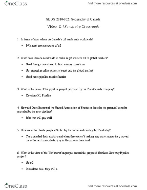 Geography 2010A/B Lecture Notes - Lecture 2: Keystone Pipeline, Haisla People, Enbridge Northern Gateway Pipelines thumbnail