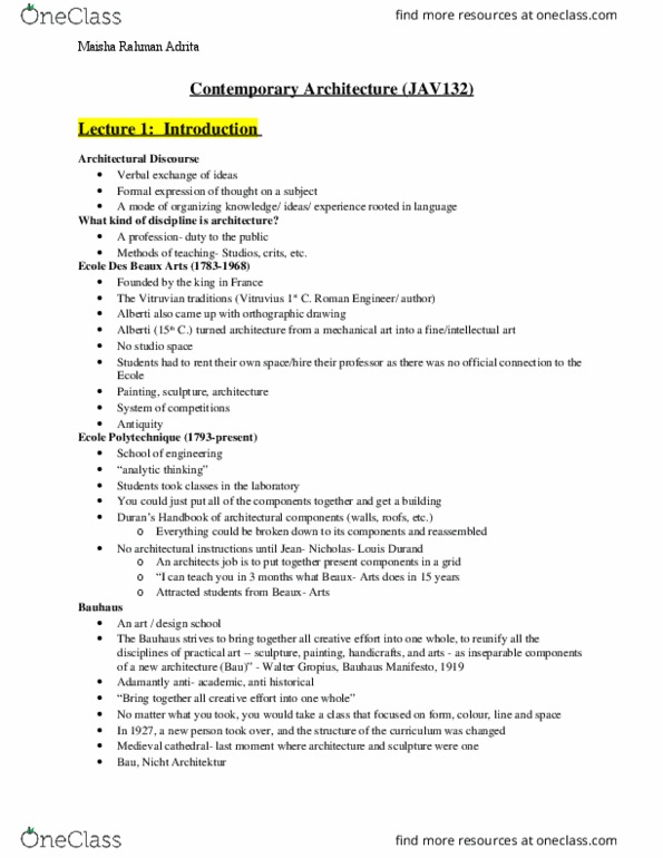 ARC132H1 Lecture Notes - Lecture 12: École Des Beaux-Arts, Ludwig Mies Van Der Rohe, Le Corbusier thumbnail