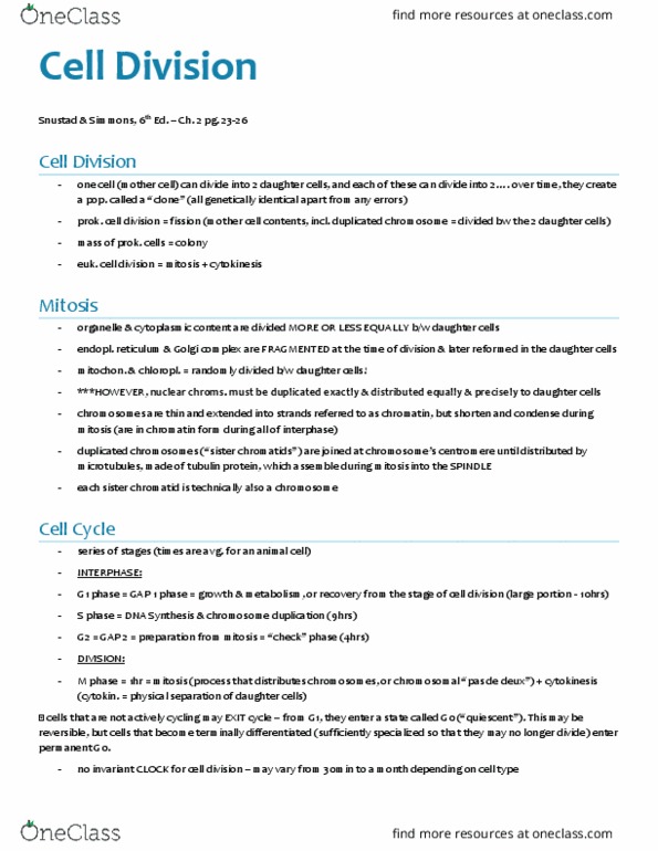 BIOL 1090 Lecture Notes - Lecture 2: G1 Phase, Sister Chromatids, Centrosome thumbnail