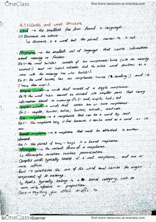 LIN101H5 Chapter 4, page 104: Lin100 Textbook Notes + Examples from Lecture (Morphology) thumbnail