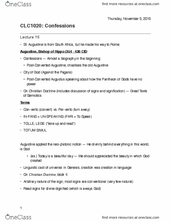 Comparative Literature and Culture 1020 Lecture Notes - Lecture 16: De Doctrina Christiana, Book Of Genesis, Neoplatonism thumbnail