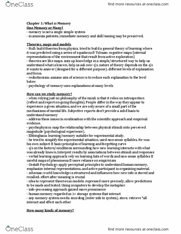 PSYC 3265 Chapter Notes - Chapter 1-5: Transcranial Magnetic Stimulation, Spatial Memory, Memory Span thumbnail